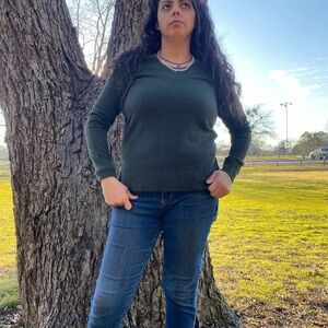 Gap Sweater Pullover Women Small Green V-Neck Long Sleeve Knit Cotton Casual